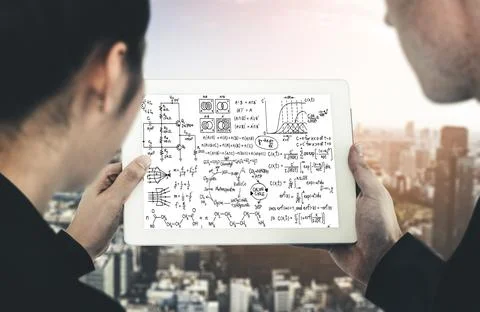 Mathematic equations and modish formula on computer screen Stock Photos