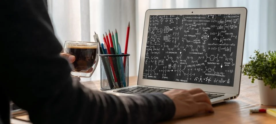 Mathematic equations and modish formula on computer screen Stock Photos
