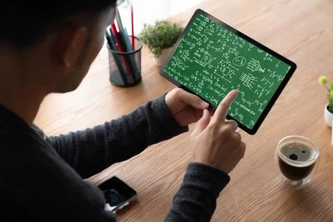Mathematic equations and modish formula on computer screen 스톡 사진