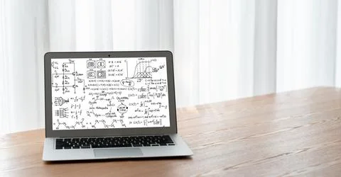 Mathematic equations and modish formula on computer screen 스톡 사진