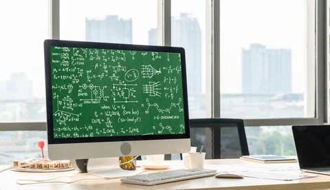 Mathematic equations and modish formula on computer screen 库存照片
