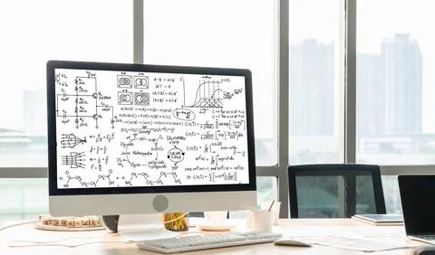 Mathematic equations and modish formula on computer screen Stock Photos