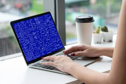 Mathematic equations and modish formula on computer screen 스톡 사진