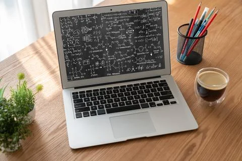 Mathematic equations and modish formula on computer screen 스톡 사진