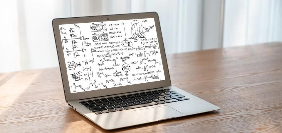 Mathematic equations and modish formula on computer screen 库存照片