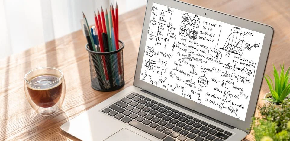 Mathematic equations and modish formula on computer screen Stock Photos