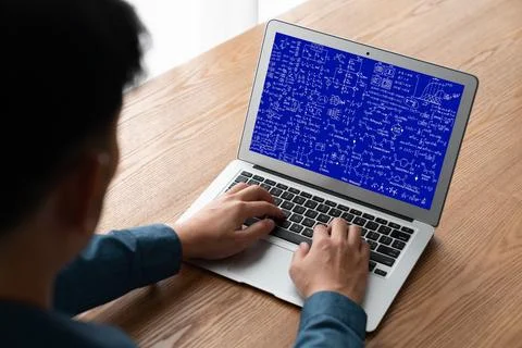 Mathematic equations and modish formula on computer screen 스톡 사진