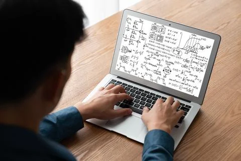 Mathematic equations and modish formula on computer screen 스톡 사진