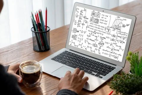 Mathematic equations and modish formula on computer screen 库存照片