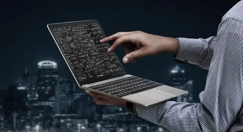 Mathematic equations and modish formula on computer screen 스톡 사진