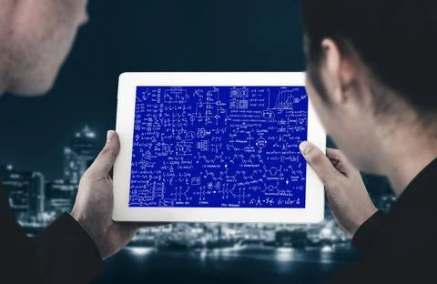 Mathematic equations and modish formula on computer screen 写真素材