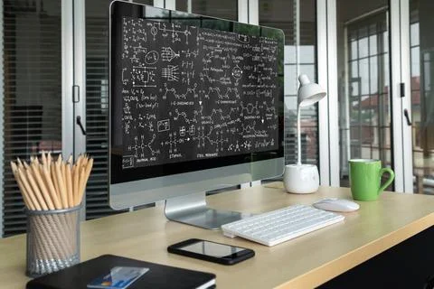 Mathematic equations and modish formula on computer screen Stock Photos