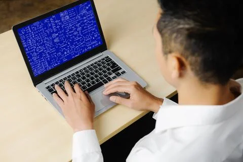 Mathematic equations and modish formula on computer screen 스톡 사진