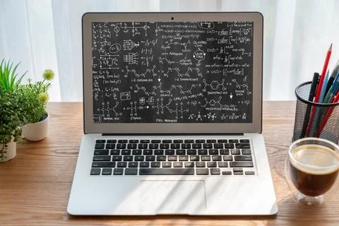 Mathematic equations and modish formula on computer screen 写真素材