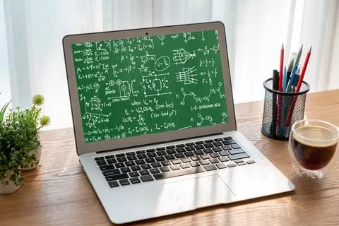 Mathematic equations and modish formula on computer screen 스톡 사진