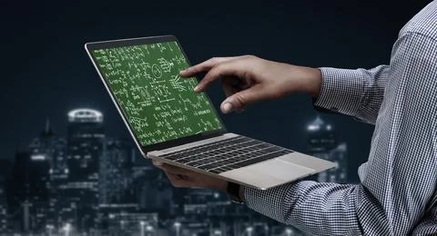 Mathematic equations and modish formula on computer screen Stock Photos