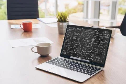 Mathematic equations and modish formula on computer screen Stock Photos