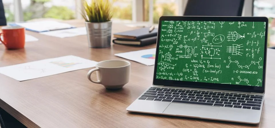 Mathematic equations and modish formula on computer screen Stock Photos