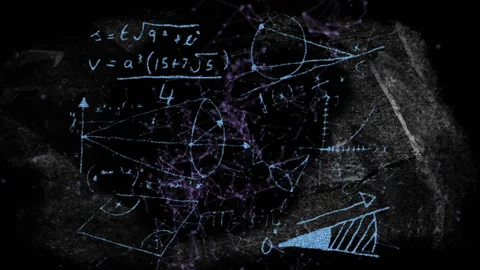 Mathematical diagrams floating over dark grungy wall, purple neural-web pattern Stock Footage 308655244