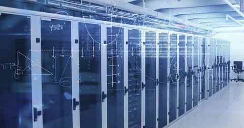 Mathematical equations against empty server room Illustrazione stock