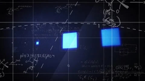 Mathematical equations and blue squares over dark background with grid lines Stock Footage 329859457