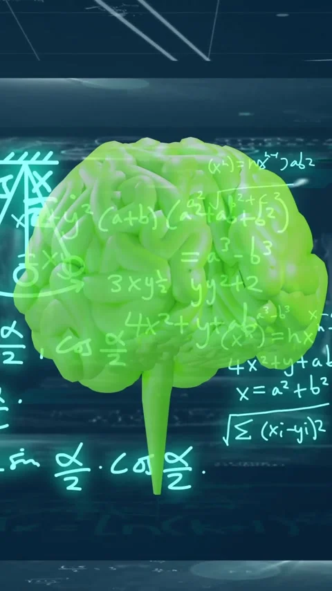 Mathematical equations and brain model animation over dark background with Stock Footage 319976118