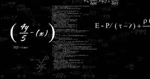 Mathematical equations and chemical formulas animation over black background Video stock 306718929