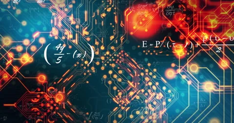 Mathematical equations and circuit board with glowing nodes, technology Video stock 305062055