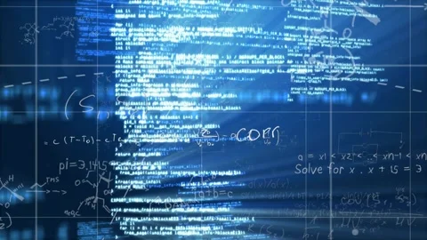 Mathematical equations and coding animation over blue digital background Stock Footage 325705775