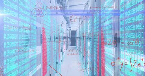 Mathematical equations and cyber security data processing against server room Stock Photos