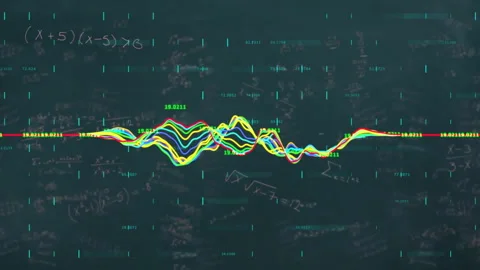 Mathematical equations and data analysis animation over fluctuating graph lines Stock Footage 305021615