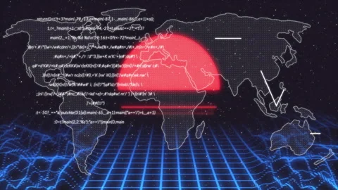 Mathematical equations and data animation over digital world map with red sun Vidéo 304192012