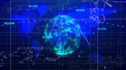 Mathematical equations and data points animation over rotating globe with blue Stock Footage 306637125