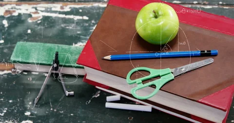 Mathematical equations and diagrams floating against school equipments on wooden Stock Footage 139888520