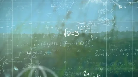 Mathematical equations and formulas animation over nature background Stock Footage 305432409