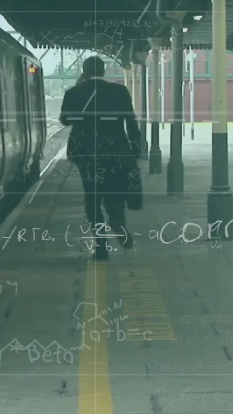 Mathematical equations and formulas animation over person walking on train Stock Footage 342916185