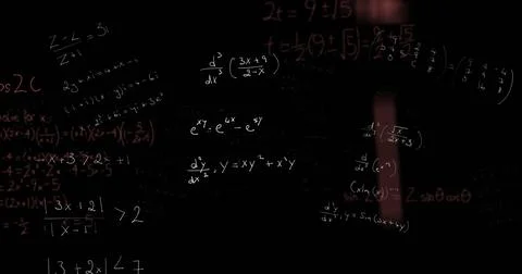 Mathematical equations and formulas floating on blackboard in classroom setting Illustrazione stock