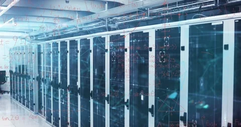 Mathematical equations and formulas over server racks in data center Stock Footage 327309721