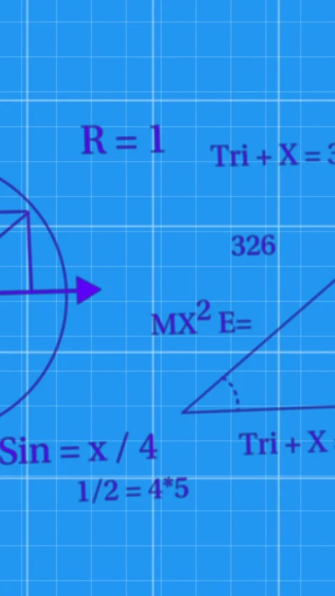 Mathematical equations and geometric shapes animation over blue grid background Stock Footage 343679730