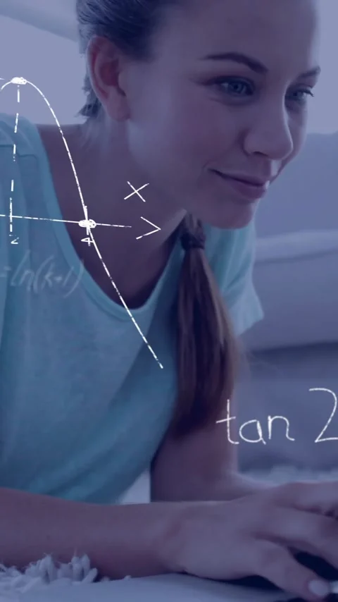 Mathematical equations and graphs animation over girl using laptop on floor Stock Footage 319883152