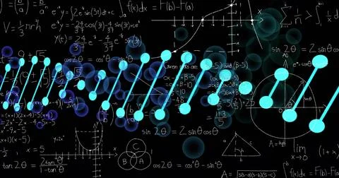 Mathematical equations and graphs with DNA strand image over black background イラスト素材