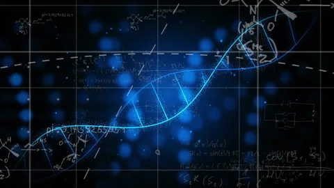 Mathematical equations and graphs over blue DNA strand animation Video stock 306718471