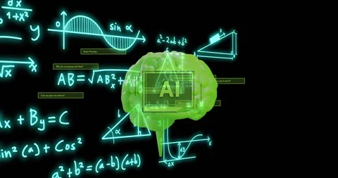 Mathematical equations and graphs over green brain animation, representing Stock Footage 310821261