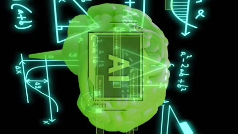 Mathematical equations and graphs over green brain animation, representing Stock Footage 312411886