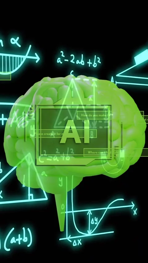 Mathematical equations and graphs over green brain animation, representing Stock Footage 320444390