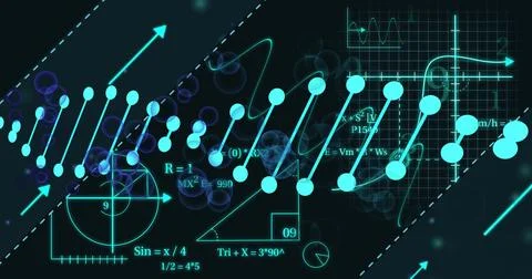 Mathematical equations and graphs over abstract image of connected dots and イラスト素材