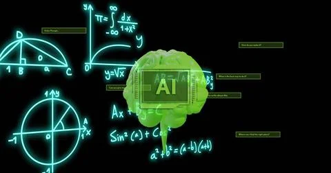 Mathematical equations and graphs over green brain image, representing Stock Illustration