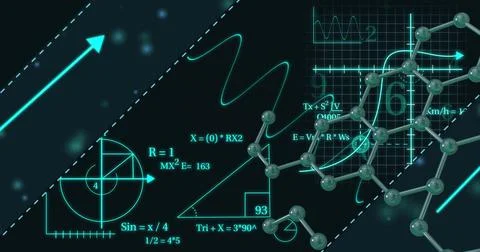 Mathematical equations and molecular structure over scientific data and graphs イラスト素材