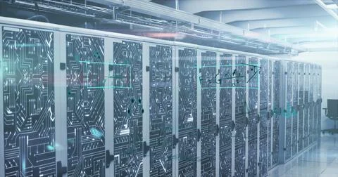 Mathematical equations and molecular structures against empty server room 스톡 사진
