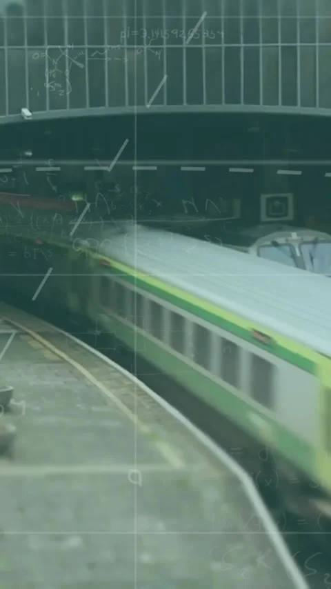 Mathematical equations animating over train entering station Stock Footage 319822585